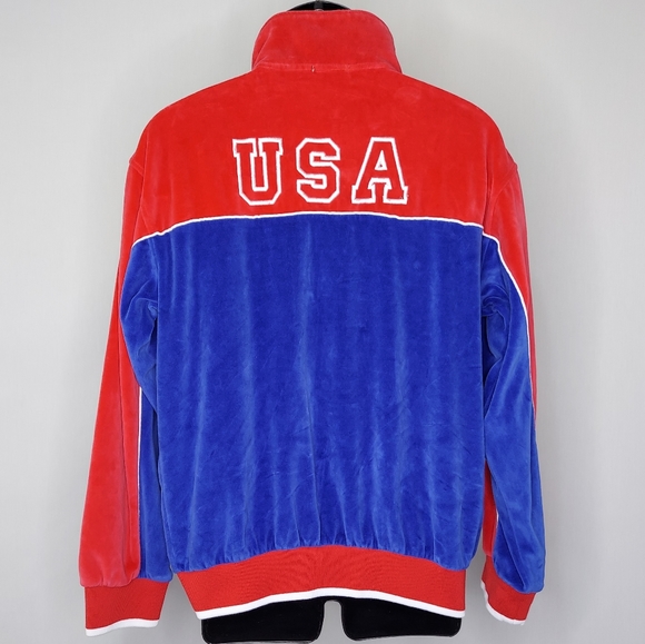 Sweatsedo Retro Velour Track Suit Set USA Logo Red Blue Zip Pocket Large - Picture 3 of 10